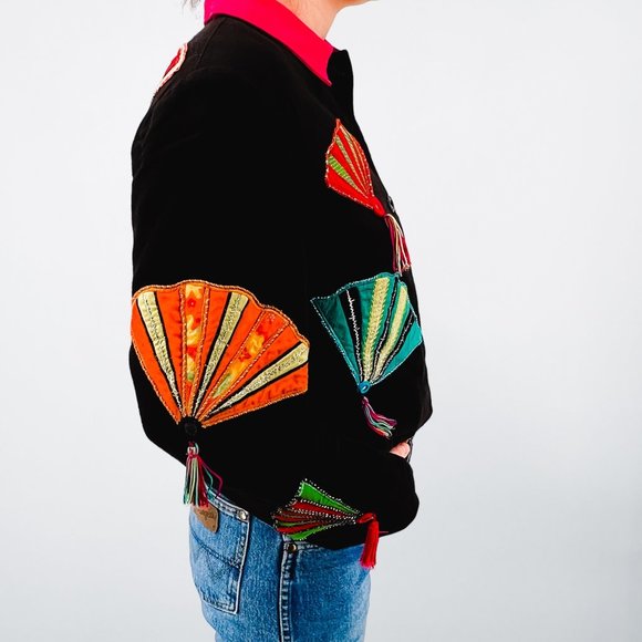 Vintage Anage Colorful Novelty Fan Button Up Jacket with Tassels - Size M - Picture 4 of 6